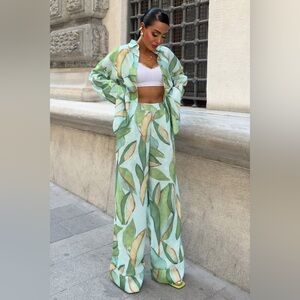 Leaf Pattern Wide Leg Jumpsuit